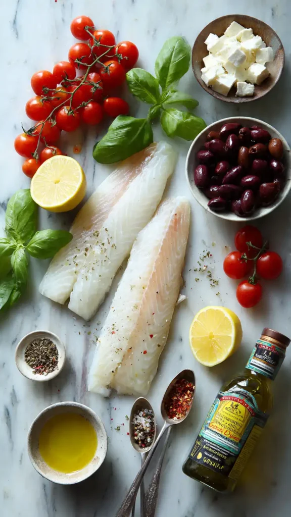 Fresh ingredients for Mediterranean baked fish including white fish fillets, cherry tomatoes, Kalamata olives, garlic, basil, olive oil, and feta cheese arranged on marble surface
