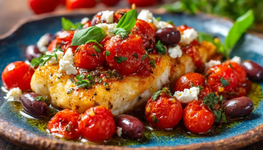 Mediterranean baked fish fillet served on rustic plate with cherry tomatoes, Kalamata olives, fresh basil, and crumbled feta cheese