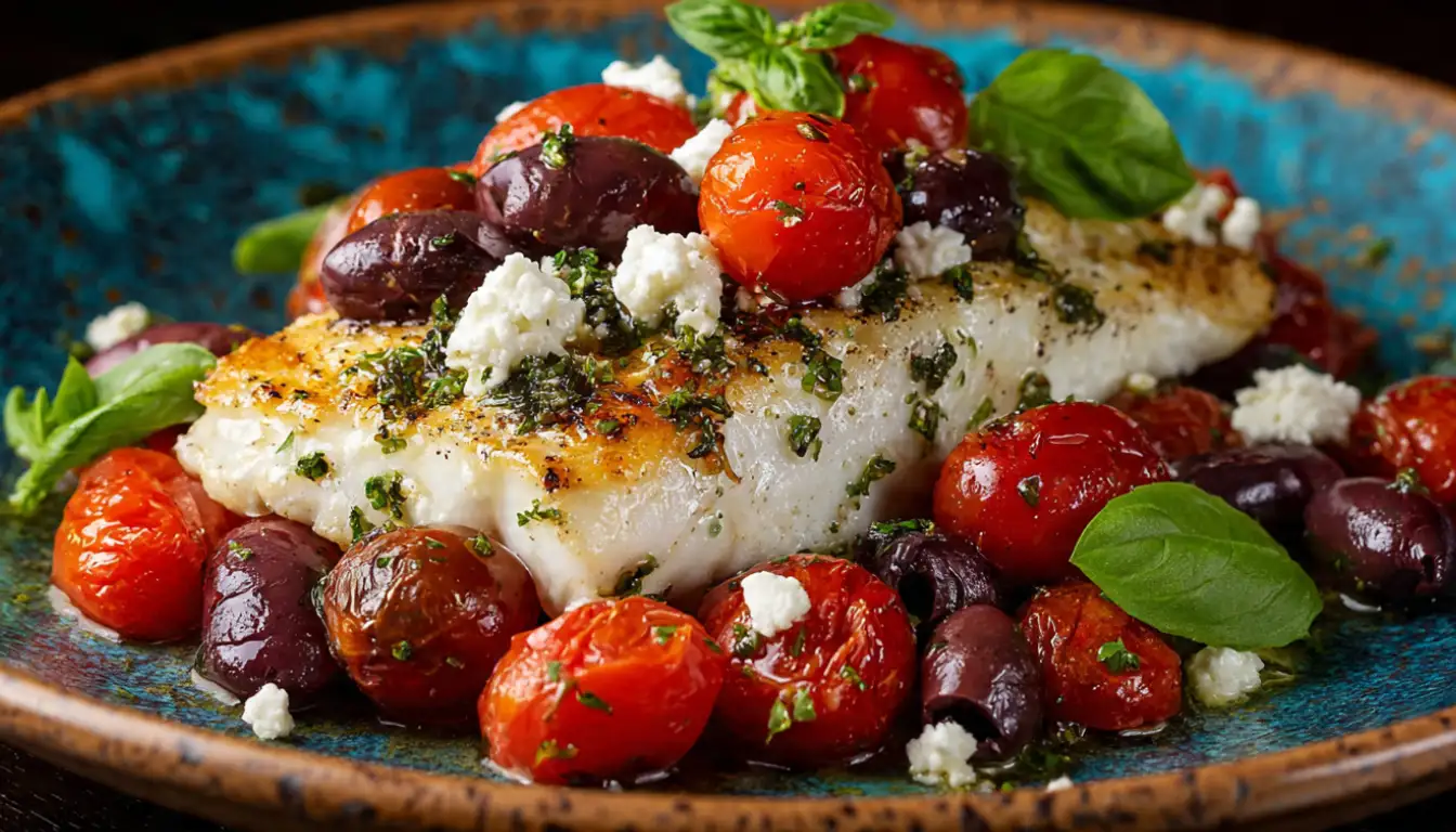 Mediterranean baked fish fillet served on rustic plate with cherry tomatoes, Kalamata olives, fresh basil, and crumbled feta cheese