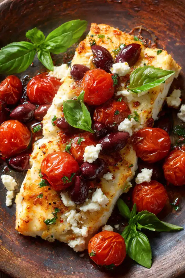 Mediterranean baked fish fillet served on rustic plate with cherry tomatoes, Kalamata olives, fresh basil, and crumbled feta cheese
