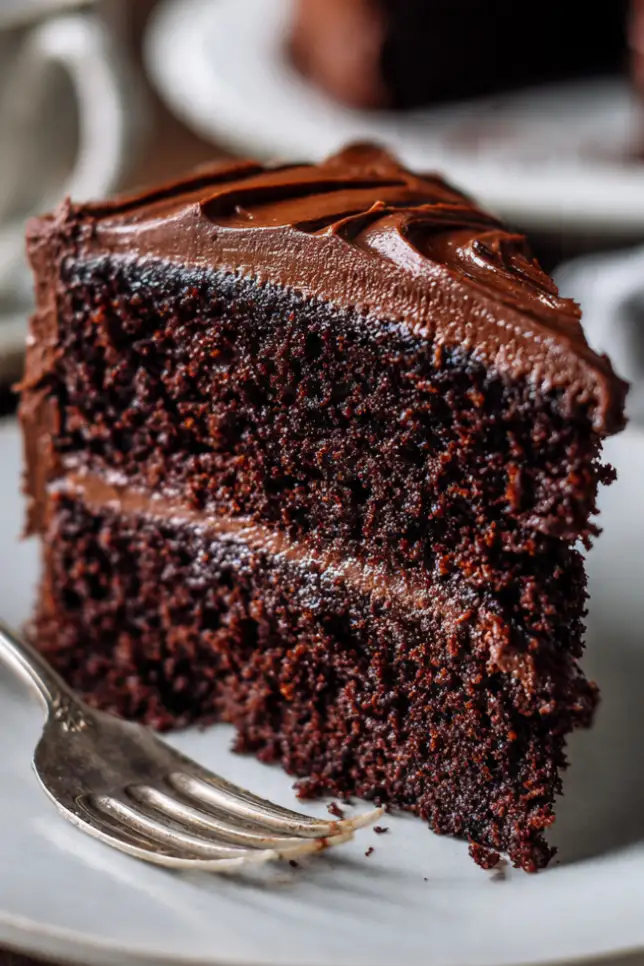 Slice of moist chocolate layer cake with rich chocolate frosting on white plate showing tender crumb texture