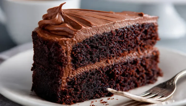 Slice of moist chocolate layer cake with rich chocolate frosting on white plate showing tender crumb texture
