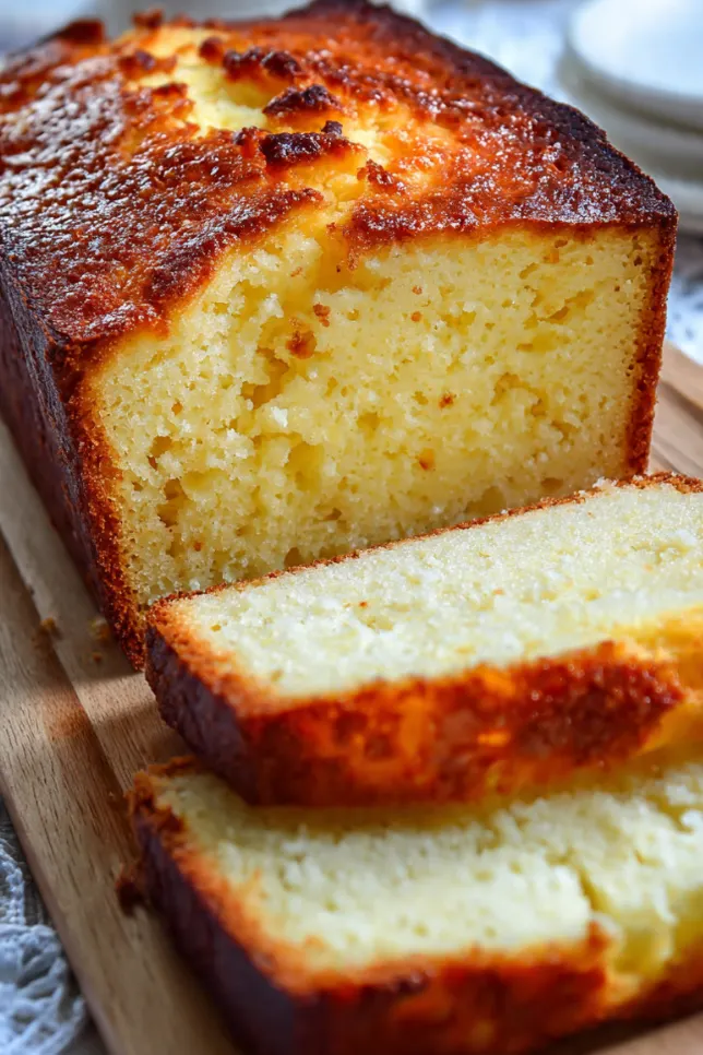 Slice of homemade egg yogurt cake bread with butter on white plate next to coffee cup
