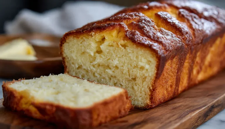 Slice of homemade egg yogurt cake bread with butter on white plate next to coffee cup