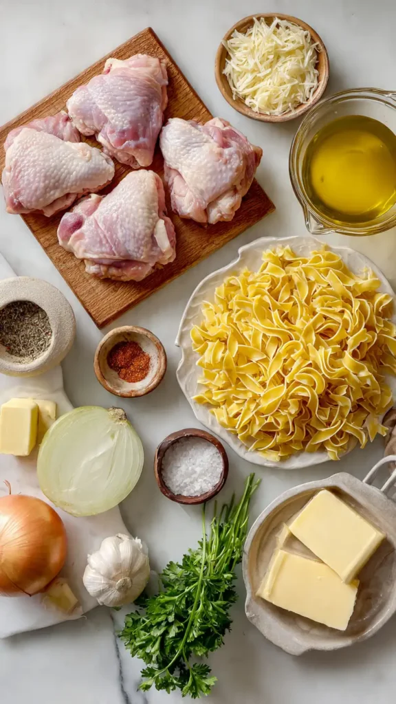 Ingredients for one-pan chicken with buttered noodles including chicken thighs, egg noodles, butter, and spices arranged on marble counter