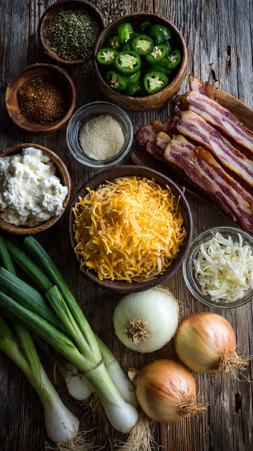 Ingredients for bacon-wrapped stuffed onion bombs including yellow onions, bacon, cream cheese, cheddar cheese, jalapeños, and spices