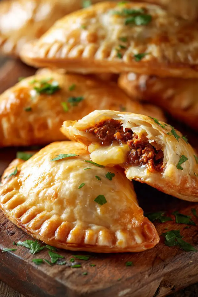Golden-brown oven-baked pastéis with crispy edges arranged on wooden board with one cut open showing beef filling