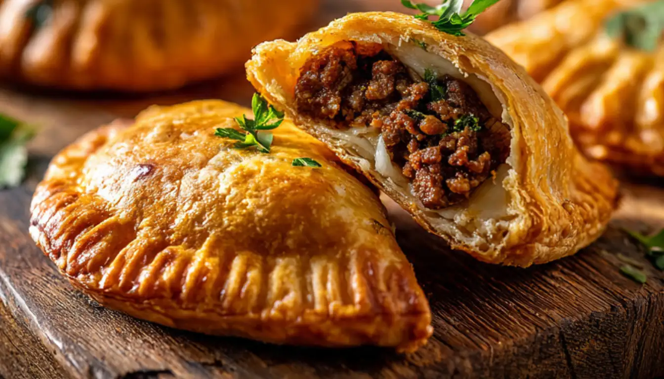 Golden-brown oven-baked pastéis with crispy edges arranged on wooden board with one cut open showing beef filling
