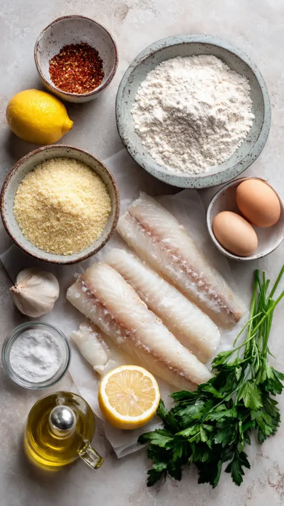 Overhead view of fresh ingredients for oven-fried fish including white fish fillets, panko breadcrumbs, eggs, flour, and seasonings on marble counter