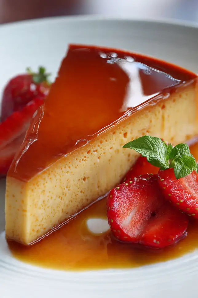Perfect caramel flan on white plate with glossy amber caramel sauce pooling around smooth custard