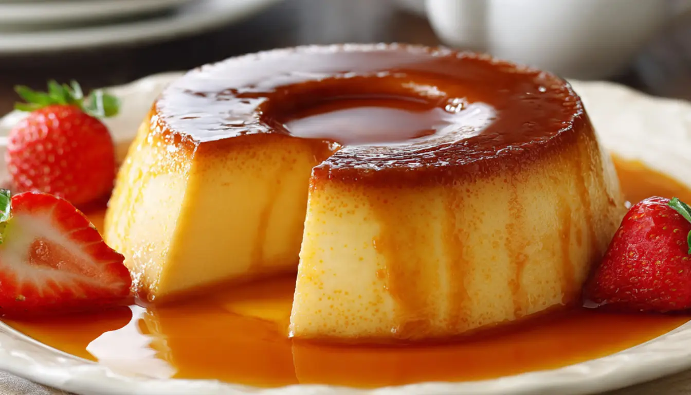 Perfect caramel flan on white plate with glossy amber caramel sauce pooling around smooth custard