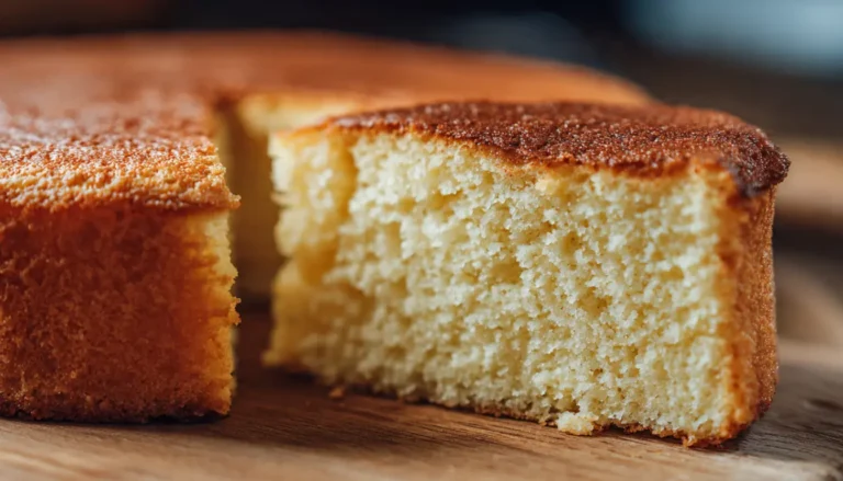 Homemade fluffy vanilla cake with white buttercream frosting on marble stand with slice removed showing light airy texture