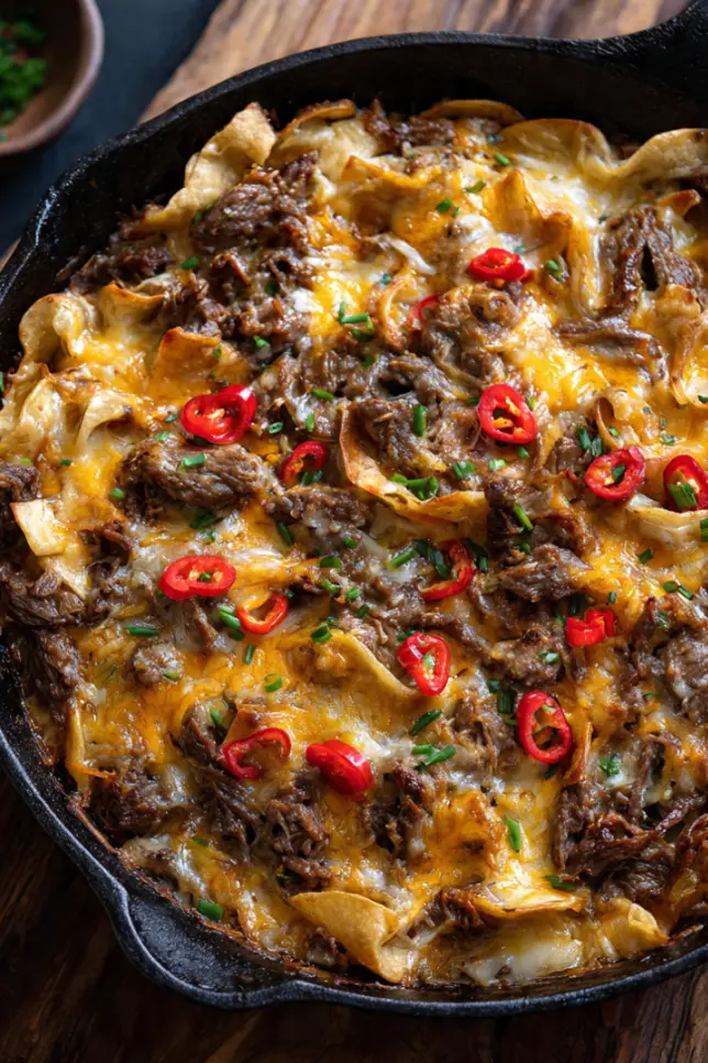 Philly cheesesteak casserole with melted provolone cheese, beef, peppers, and onions in a cast iron skillet