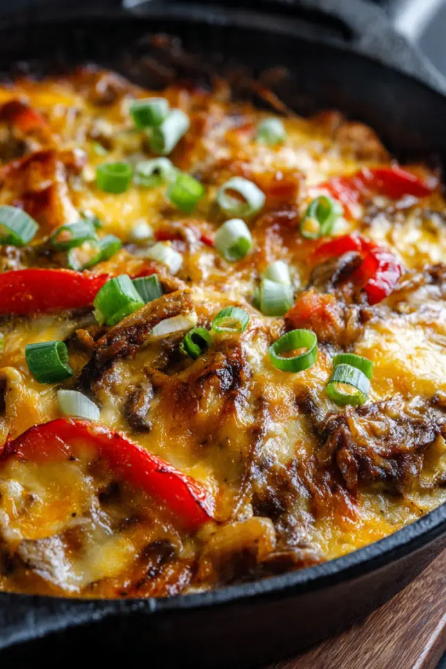 Philly cheesesteak casserole with melted provolone cheese, beef, peppers, and onions in a cast iron skillet