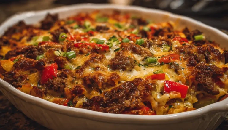 Philly cheesesteak casserole with melted provolone cheese, beef, peppers, and onions in a cast iron skillet