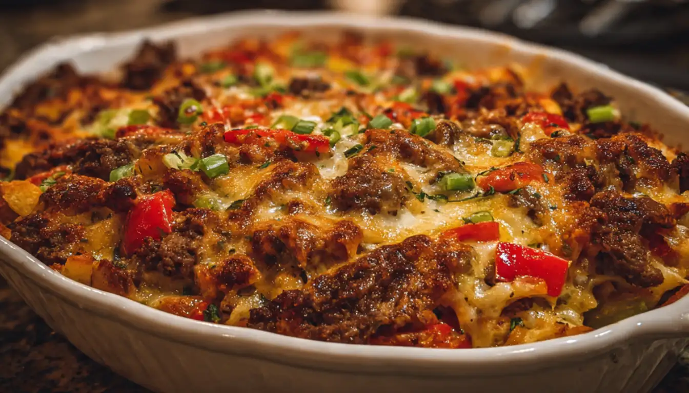 Philly cheesesteak casserole with melted provolone cheese, beef, peppers, and onions in a cast iron skillet