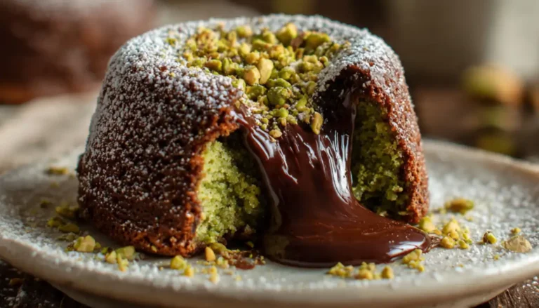 Pistachio chocolate lava cake with molten chocolate center flowing onto white plate garnished with crushed pistachios