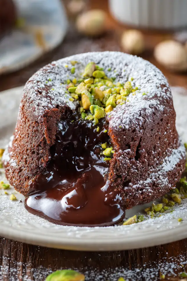Pistachio chocolate lava cake with molten chocolate center flowing onto white plate garnished with crushed pistachios