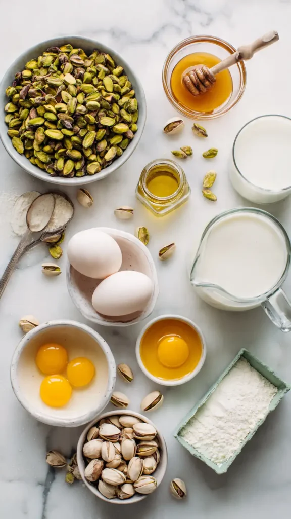 Pistachio gelato ingredients including pistachios, protein powder, cream, eggs, and honey arranged on marble counter