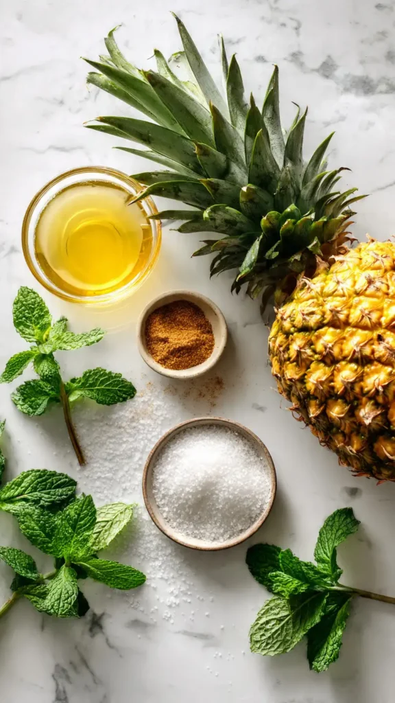 Fresh pineapple, honey, coconut oil, and cinnamon ingredients for air fryer pineapple recipe