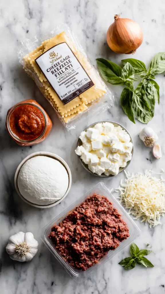 Ingredients for crockpot ravioli lasagna including frozen ravioli, marinara sauce, and fresh cheese