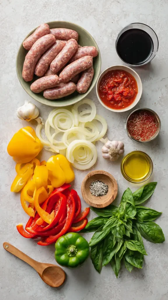 Ingredients for slow cooker sausage and peppers recipe including Italian sausage, onions, bell peppers, tomatoes, and spices
