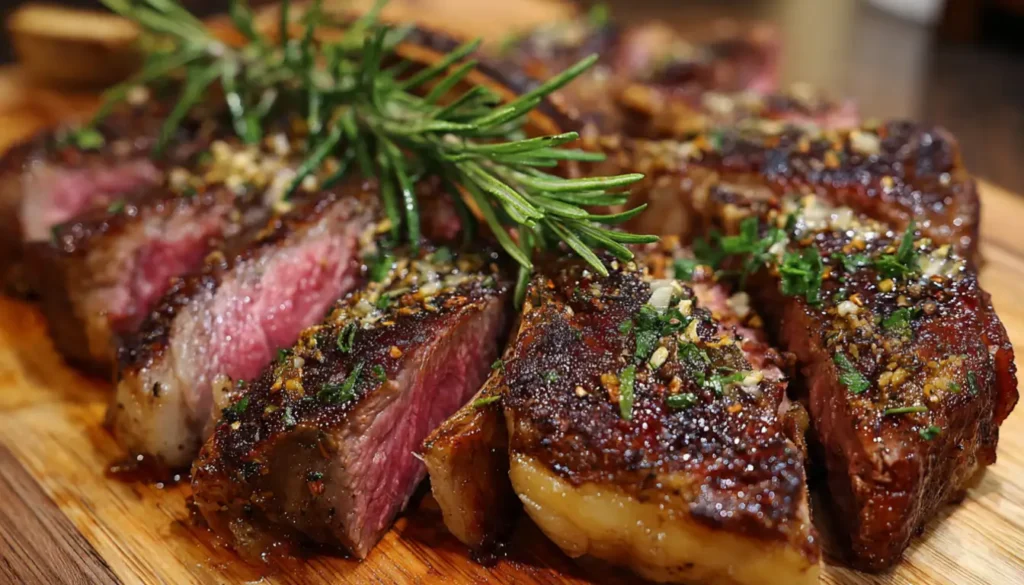 Perfectly cooked tomahawk ribeye steak with spicy garlic crust, sliced to show medium-rare pink interior on wooden cutting board with fresh herbs