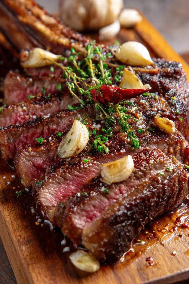 Perfectly cooked tomahawk ribeye steak with spicy garlic crust, sliced to show medium-rare pink interior on wooden cutting board with fresh herbs