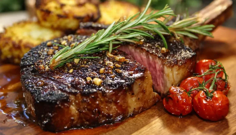 Perfectly cooked tomahawk ribeye steak with spicy garlic crust, sliced to show medium-rare pink interior on wooden cutting board with fresh herbs