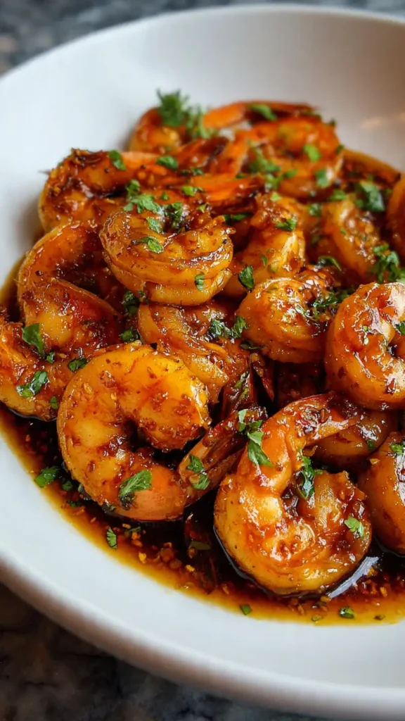 All ingredients for spicy honey garlic shrimp recipe including raw shrimp, honey, garlic, sriracha, soy sauce, and fresh herbs arranged on marble counter