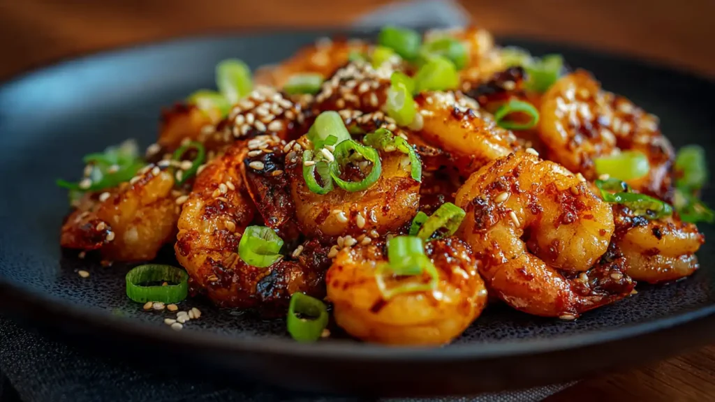 All ingredients for spicy honey garlic shrimp recipe including raw shrimp, honey, garlic, sriracha, soy sauce, and fresh herbs arranged on marble counter