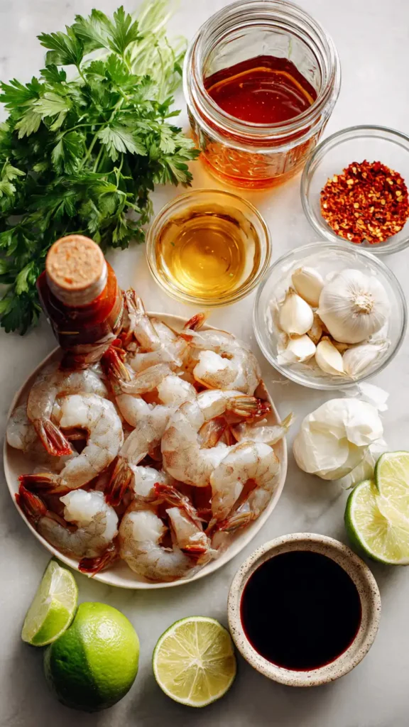 All ingredients for spicy honey garlic shrimp recipe including raw shrimp, honey, garlic, sriracha, soy sauce, and fresh herbs arranged on marble counter