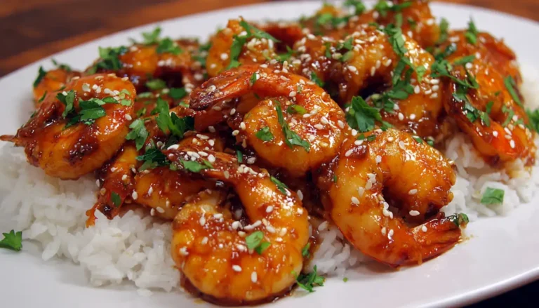 All ingredients for spicy honey garlic shrimp recipe including raw shrimp, honey, garlic, sriracha, soy sauce, and fresh herbs arranged on marble counter