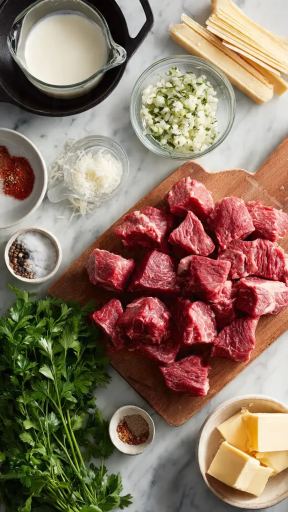 Raw ingredients for garlic butter steak bites including cubed sirloin, fresh garlic, heavy cream, and cast iron skillet