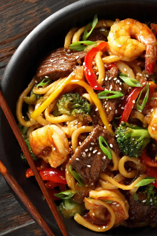 Homemade steak and shrimp stir-fry noodles in a white bowl with colorful vegetables and sesame garnish on a wooden table
