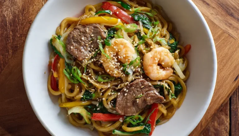Homemade steak and shrimp stir-fry noodles in a white bowl with colorful vegetables and sesame garnish on a wooden table