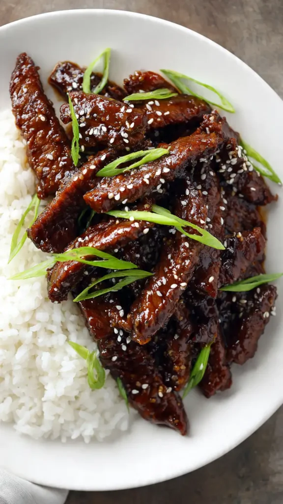 Sticky honey garlic beef strips with glossy caramelized sauce garnished with green onions and sesame seeds on white plate