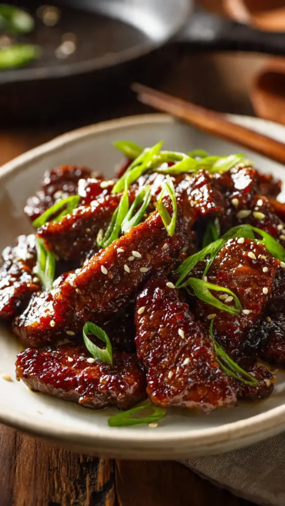 Sticky honey garlic beef strips with glossy caramelized sauce garnished with green onions and sesame seeds on white plate