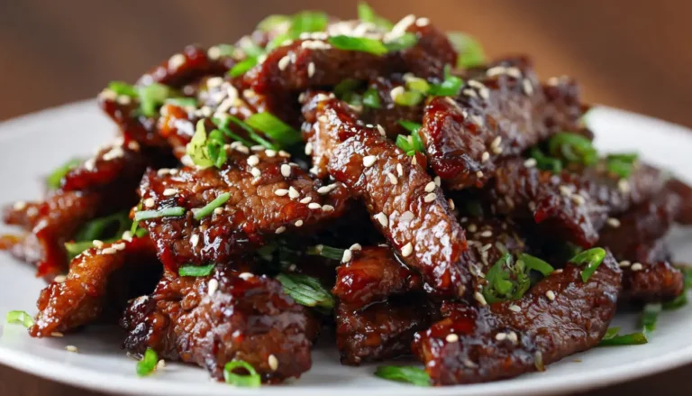Sticky honey garlic beef strips with glossy caramelized sauce garnished with green onions and sesame seeds on white plate