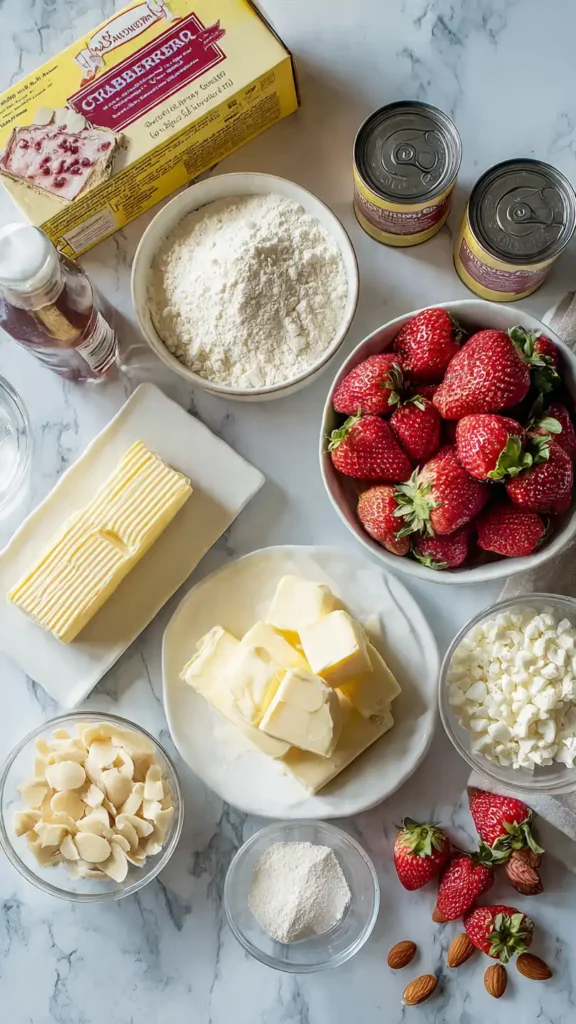 All ingredients needed for strawberry cheesecake dump cake including pie filling, cake mix, butter, and cream cheese