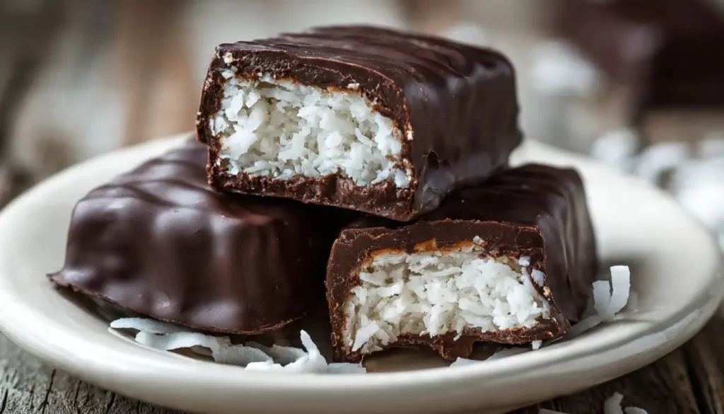 Homemade sugar-free bounty candies with dark chocolate coating and coconut filling on white plate