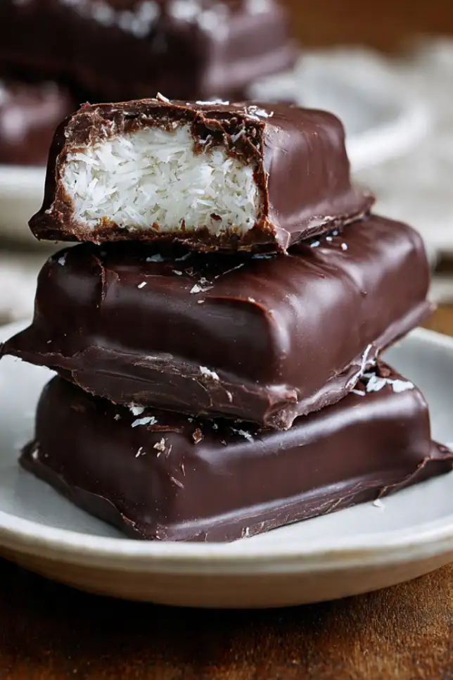 Homemade sugar-free bounty candies with dark chocolate coating and coconut filling on white plate