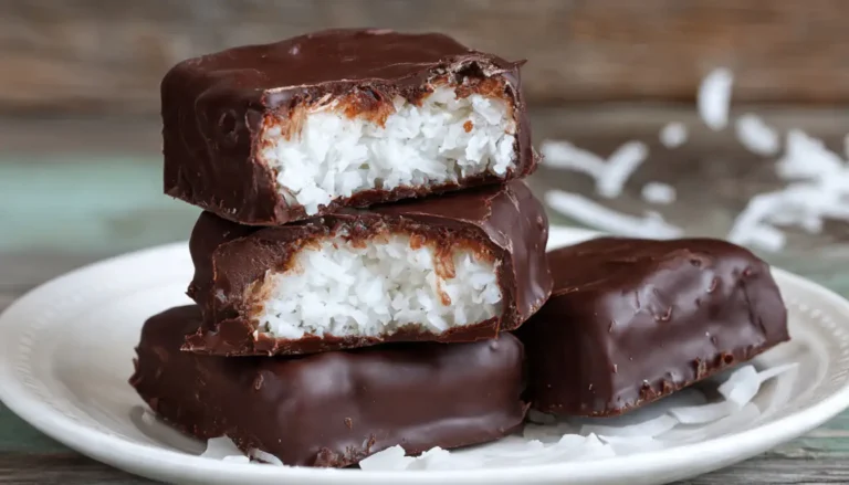 Homemade sugar-free bounty candies with dark chocolate coating and coconut filling on white plate