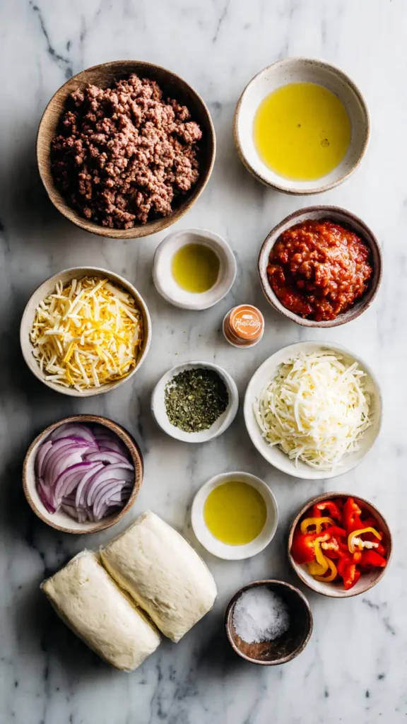 Overhead view of cheesy taco stick ingredients including ground beef, Mexican cheese blend, pizza dough, taco seasoning, and vegetables on marble countertop