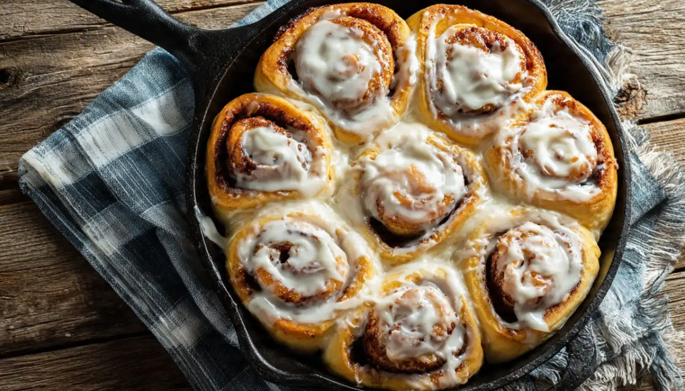 Freshly baked homemade cinnamon rolls in cast iron skillet with cream cheese frosting on rustic wooden table