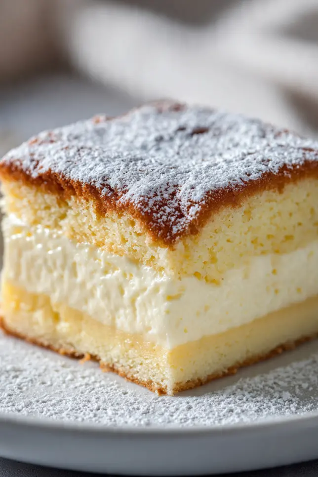 Slice of vanilla magic custard cake on white plate showing three distinct layers with powdered sugar dusting