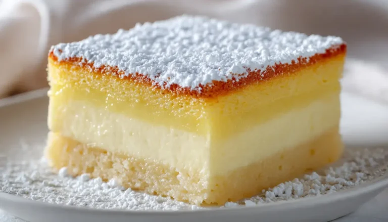 Slice of vanilla magic custard cake on white plate showing three distinct layers with powdered sugar dusting