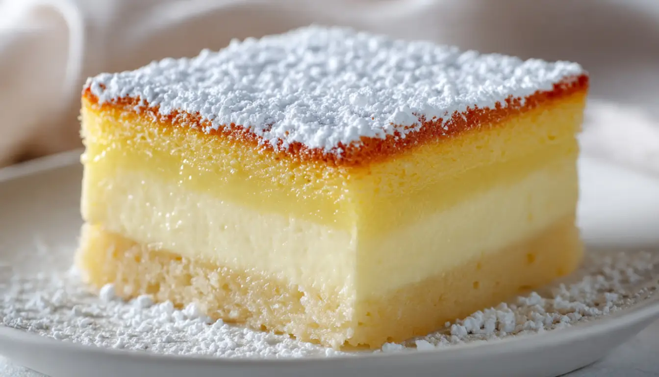 Slice of vanilla magic custard cake on white plate showing three distinct layers with powdered sugar dusting