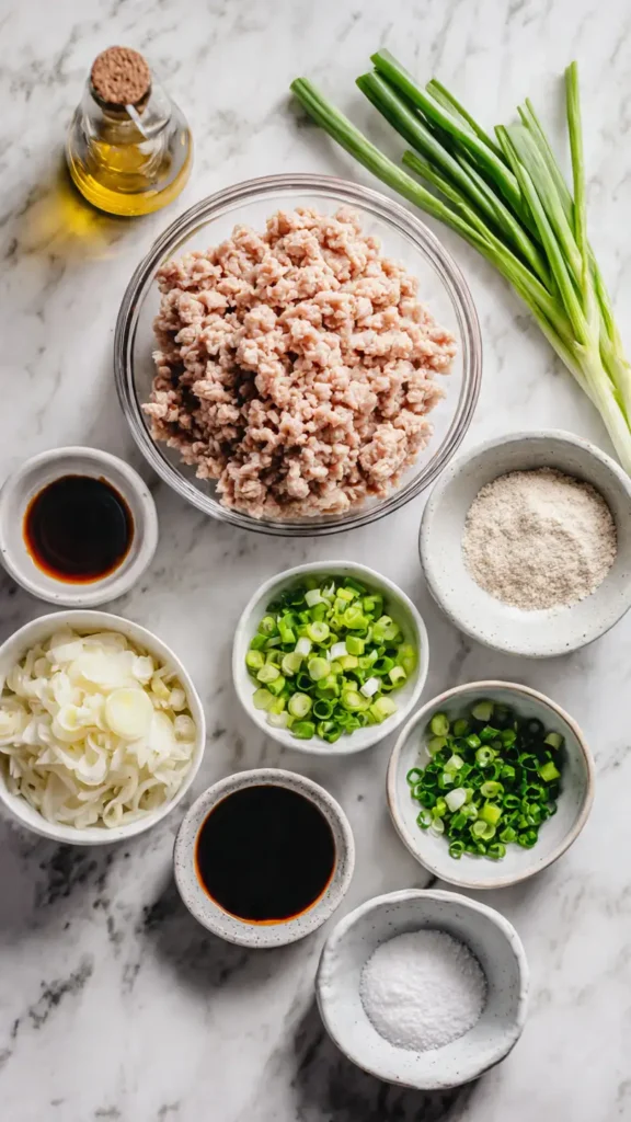 Fresh ingredients for chicken wonton filling including ground chicken, garlic, ginger, green onions, and seasonings