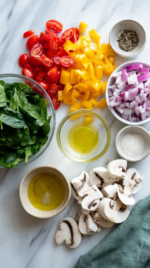Cooking egg white scramble in non-stick pan with vegetables
